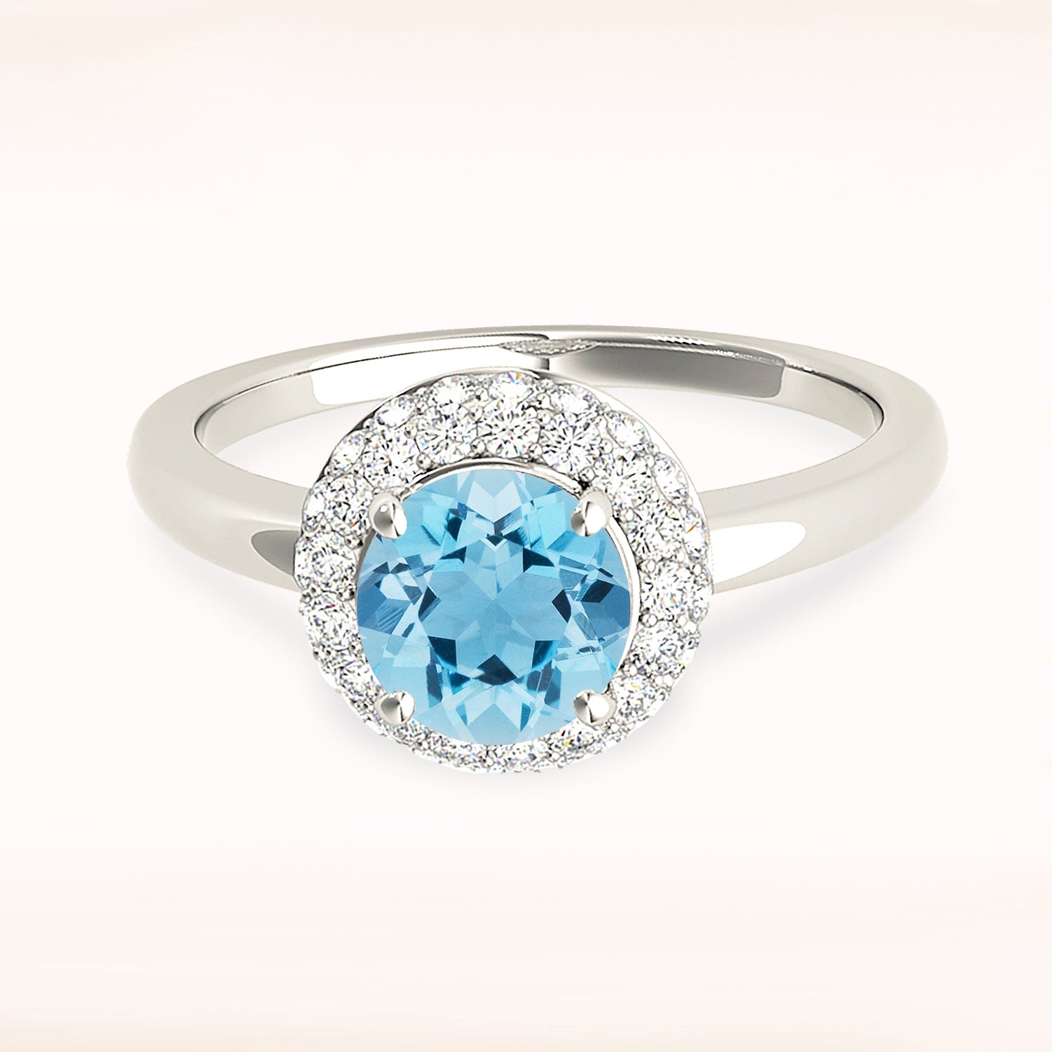 1.10 ct. Genuine Aquamarine Ring With 0.40 ctw. Diamond Double Edge Halo and Solid Gold Rounded Band | Round Blue Aquamarine Halo Ring-VIRABYANI